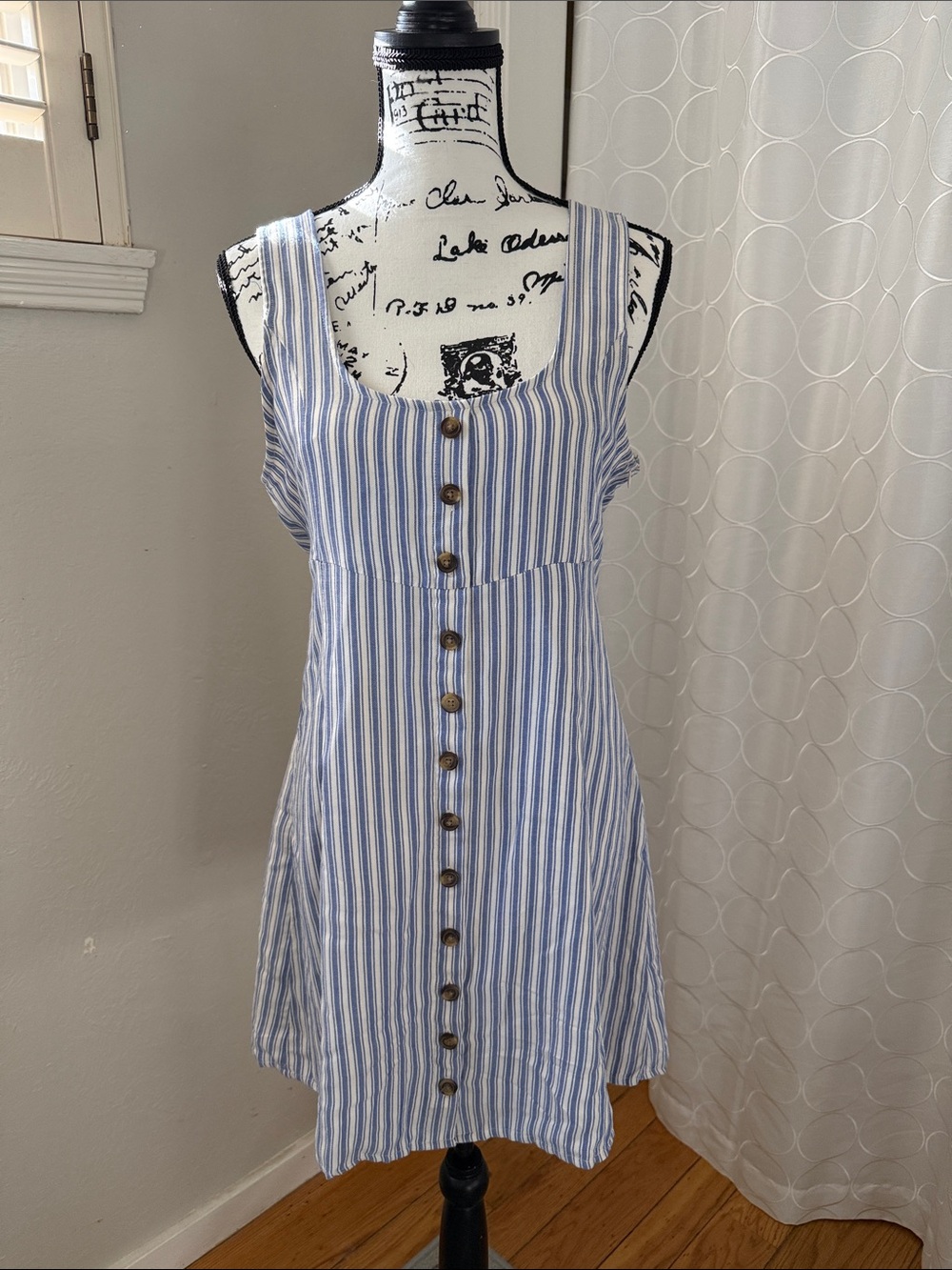 American Eagle Outfitters Blue and White Striped Button-Front Sundress